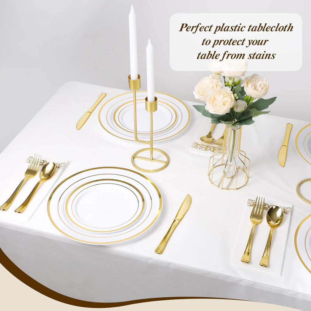 54 Inch X 300 Feet Plastic Table Cloths with Cutter Box, White Disposable Table Cover Roll, Plastic Tablecloth for
