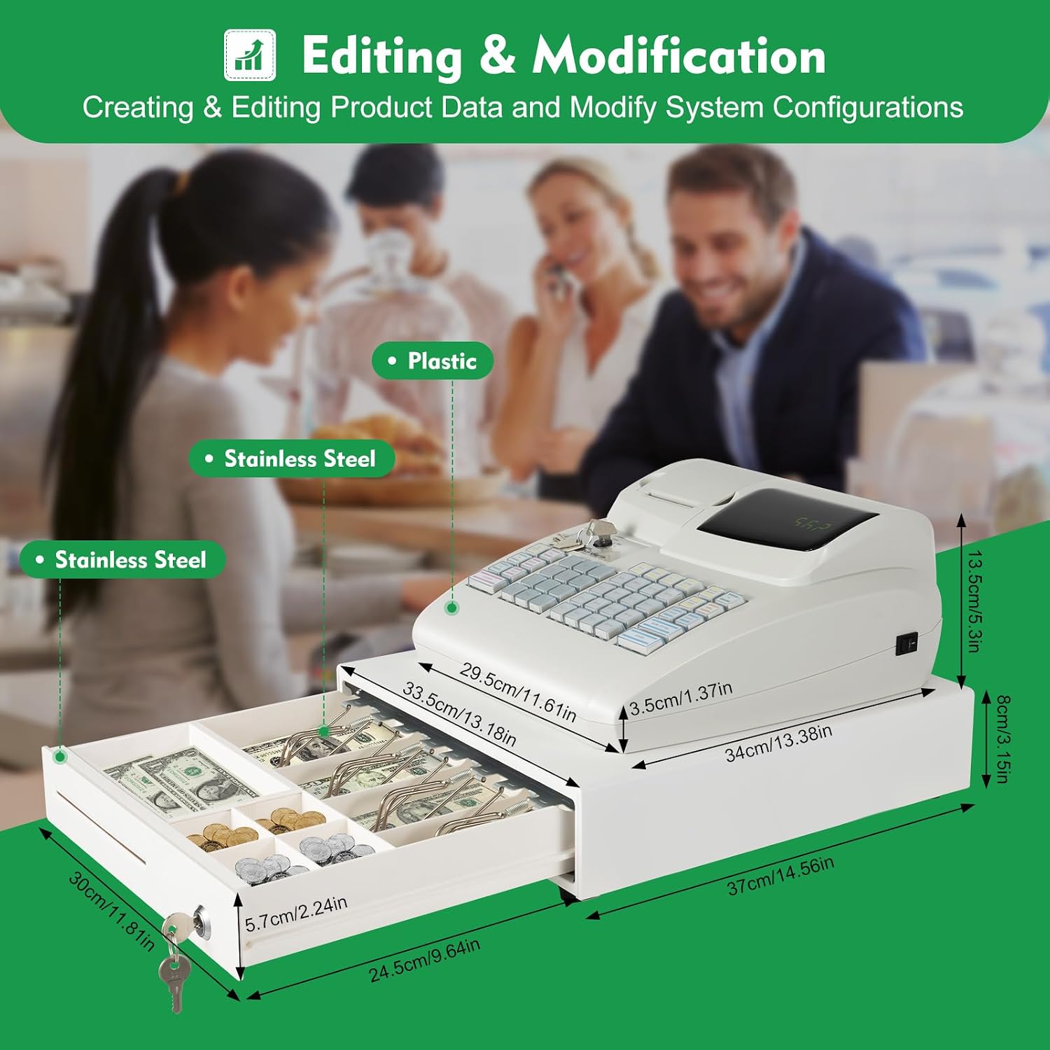 Modern Electronic Cash Register with Built-in Thermal Printer and Secure Cash Drawer, Commercial Electronic Cash