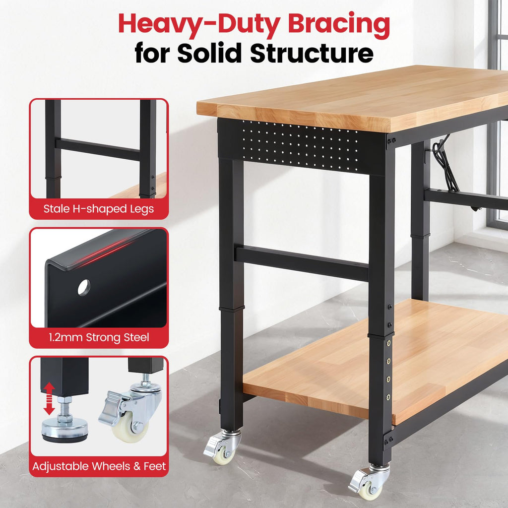 48" Adjustable Height Workbench with Wheels Heavy Duty Work Table with Under Table Shelf, Dual Pegboards & Power