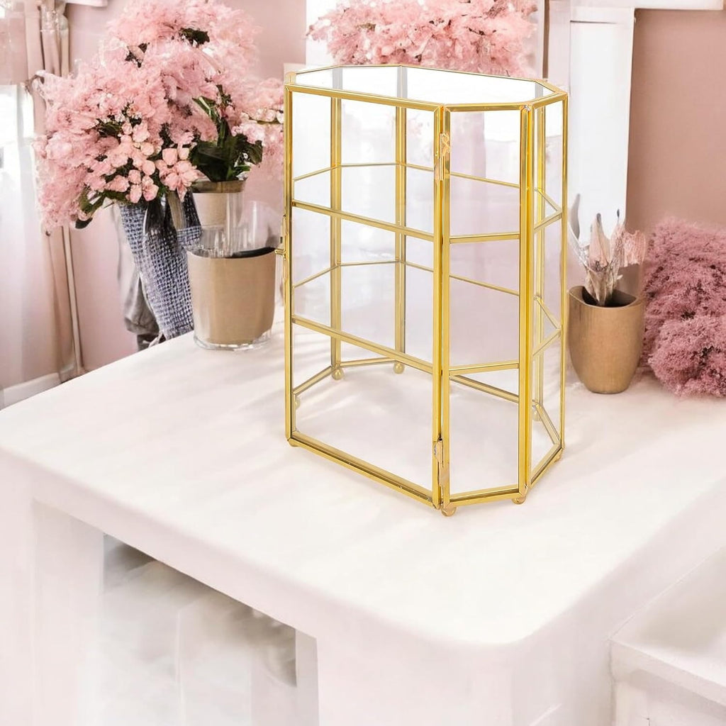 Glass Jewelry Display Case 6.7x4x8.4 inches Small Cabinet, 3-Tier Geometric Box Keepsake Trinket for Rings, Earrings