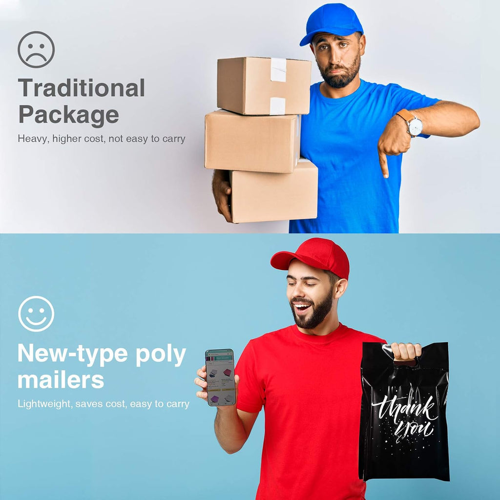 Thank You Poly Mailers with Handle 12x15.5 100 Pcs Easy to Carry | Upgrade Design Shipping Bags Envelopes for Clothes