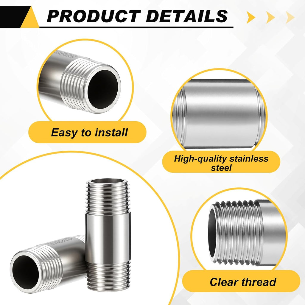 4 Pcs 304 Stainless Steel 1/2 NPT Pipe Nipple 2" Length