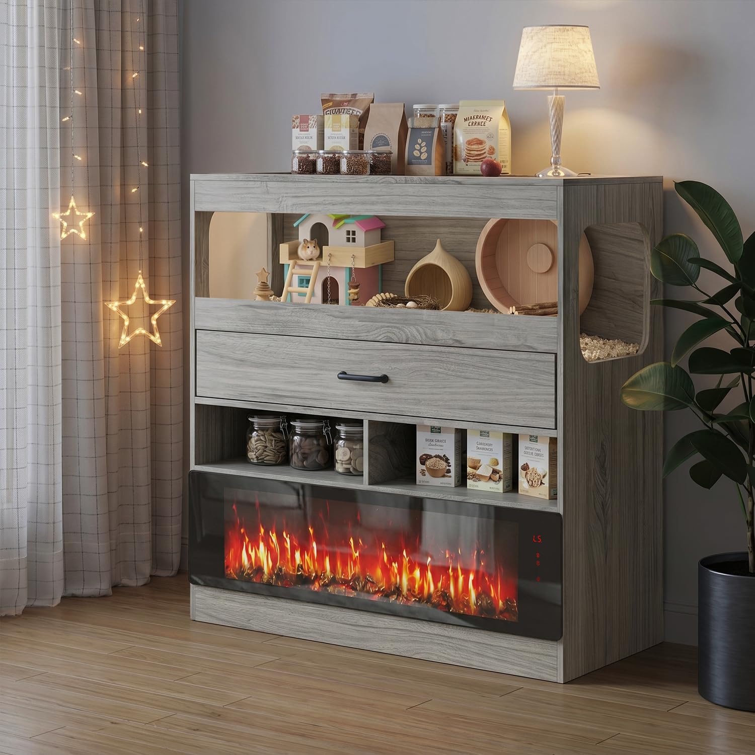 36" Hamster Cage with Storage Cabinet, Small Animal Cage with 36" Electric Fireplace, Flip-Top Lid & Acrylic Viewing