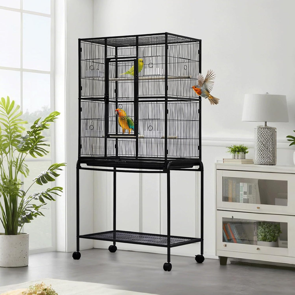 Spacious Flight Bird Cage with Rolling Stand & Storage Shelf - Durable Wrought Iron Parrot Home - Easy Clean, Ideal