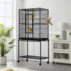 Spacious Flight Bird Cage with Rolling Stand & Storage Shelf - Durable Wrought Iron Parrot Home - Easy Clean, Ideal