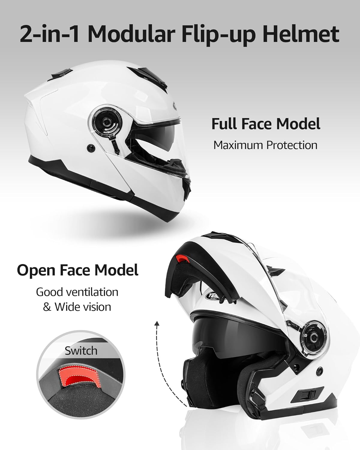 Modular Motorcycle Helmets, DOT Approved Full Face Motorcycle Helmet with with Flip Up Dual Visor for Men & Women