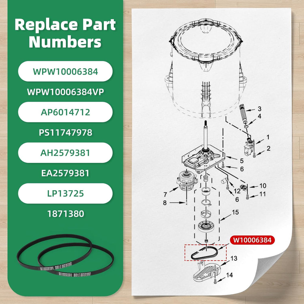 2 Pack W10006384 Washer Drive Belt for Whirlpool Kenmore Maytag Top Load