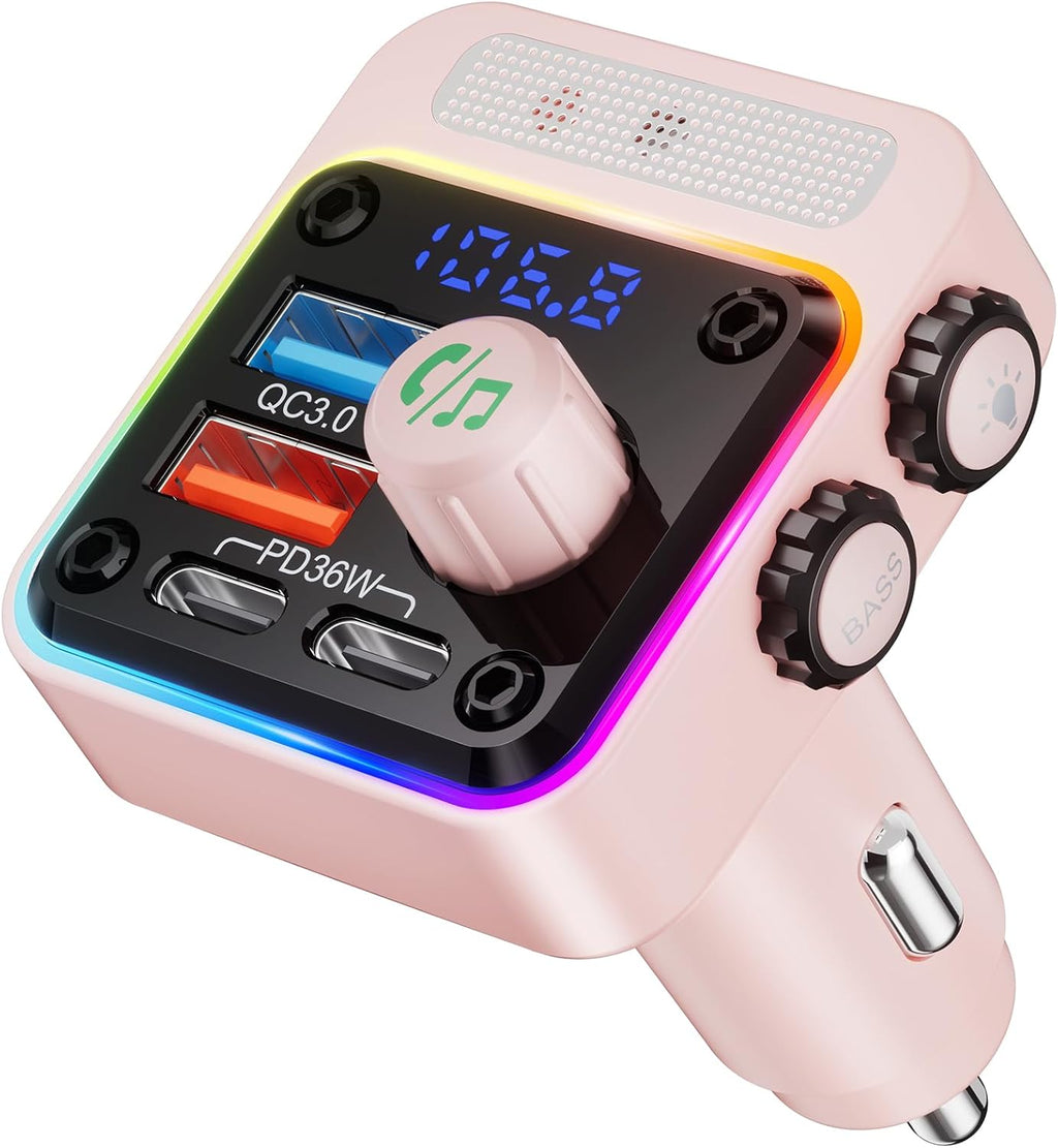 54W Bluetooth 5.3 Car Adapter, FM Transmitter 4-Port Fast Charging | Wireless FM Radio Music Player with Deep Bass, 5