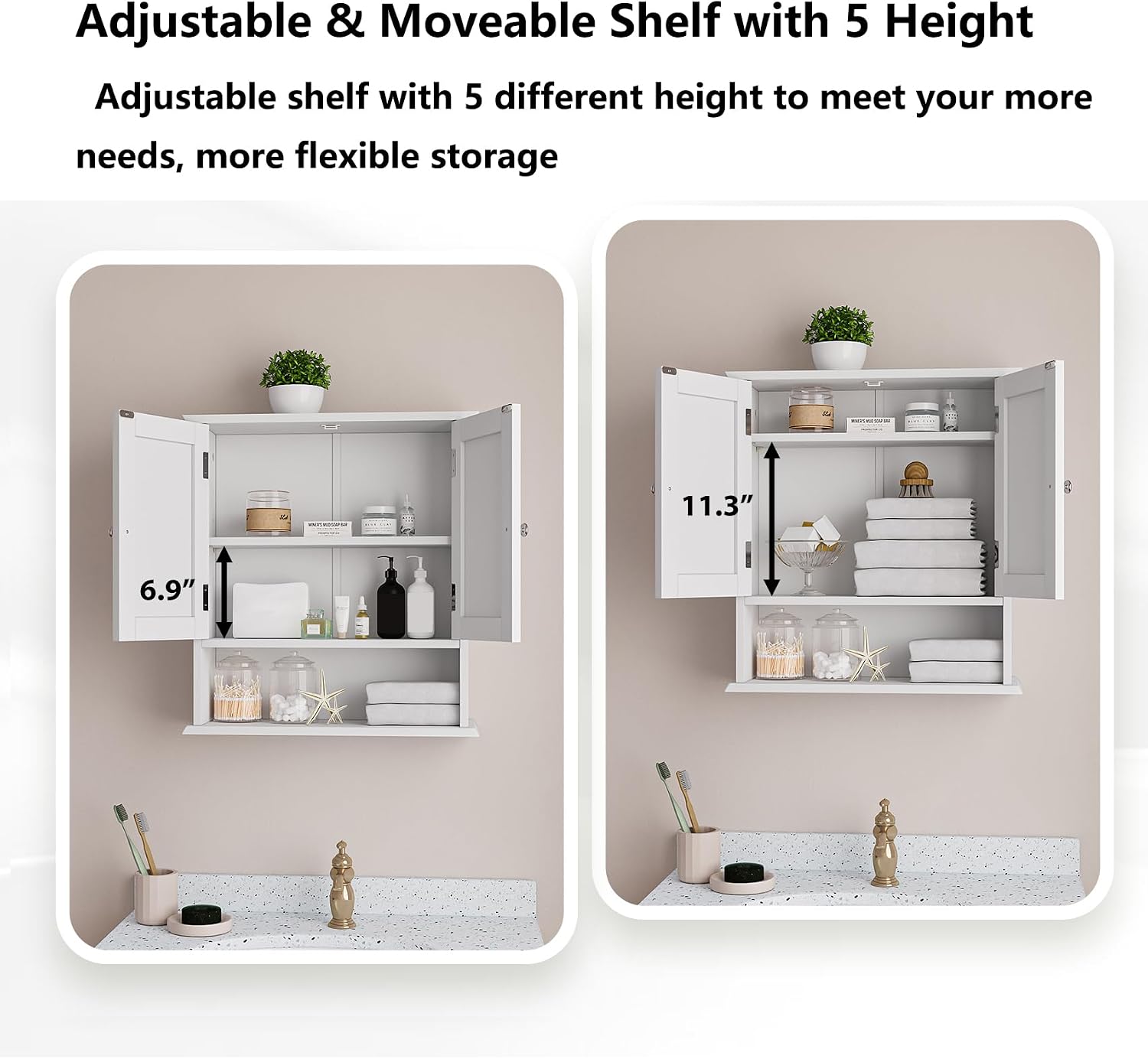 Bathroom Wall Cabinet, Bathroom Cabinet Wall Mount with 2 Doors and Open Shelf, Over The Toilet Wall Storage Cabinet