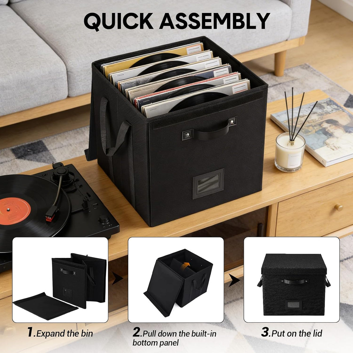 Set of 3 Stackable Vinyl Record Storage Boxes - Non-Woven LP Record Holder Crates with Lids, Handles & Label Slots