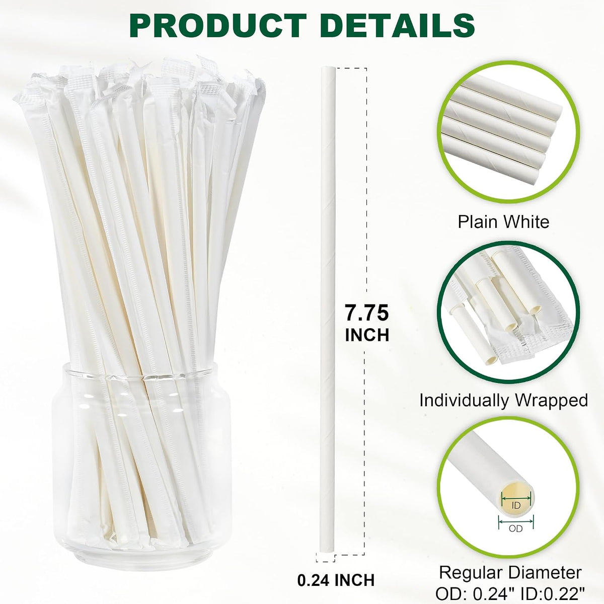 7.75 Inch Disposable Paper Drinking Straws Bulk Individually Wrapped, 0.24" Dia. (Plain White, 400 ct.)