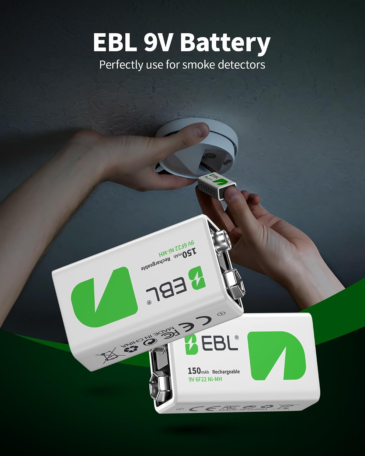 9V Rechargeable Batteries 150mAh Ni-MH, 4-Pack | Long-Lasting 9 Volt Batteries for Smoke Detectors, Toys, and