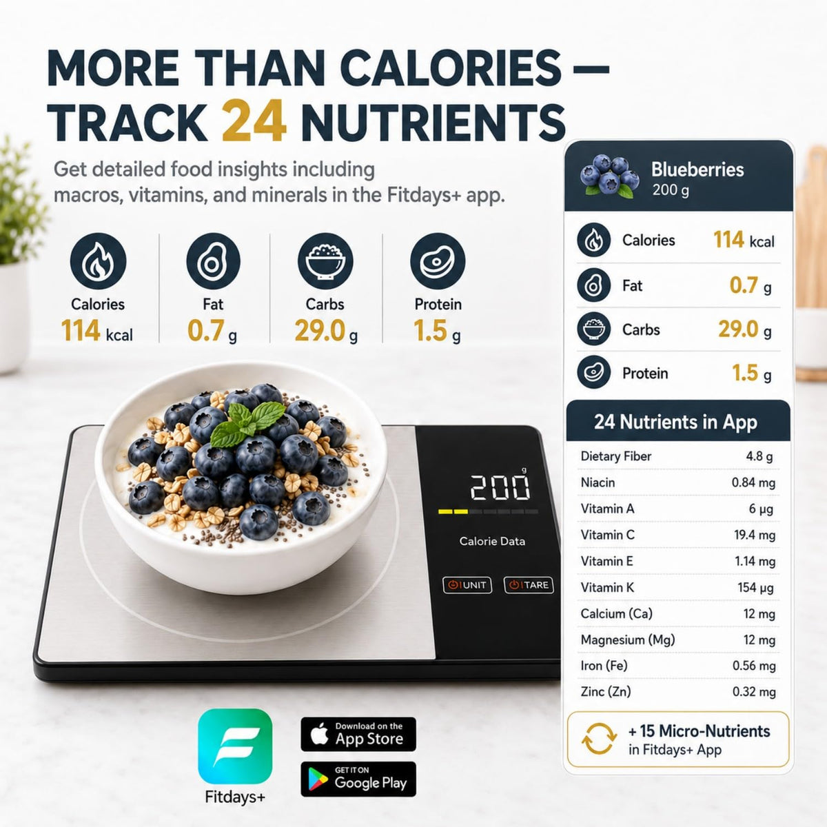 Smart Nutrition Food Scale with App - 1g Precision Digital Kitchen Scale, Tracks Calories & 24 Nutrients, Macros, Fat
