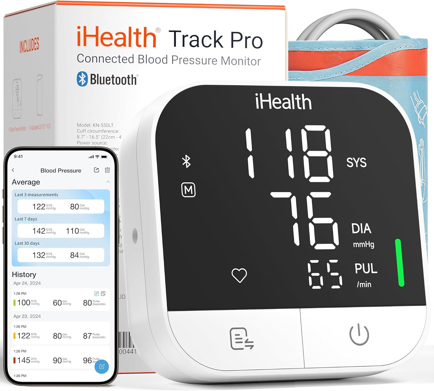 Track Pro Upper Arm Blood Pressure Monitor, Full-View LED Screen, Body & Cuff Detection, App-Enabled for iOS &