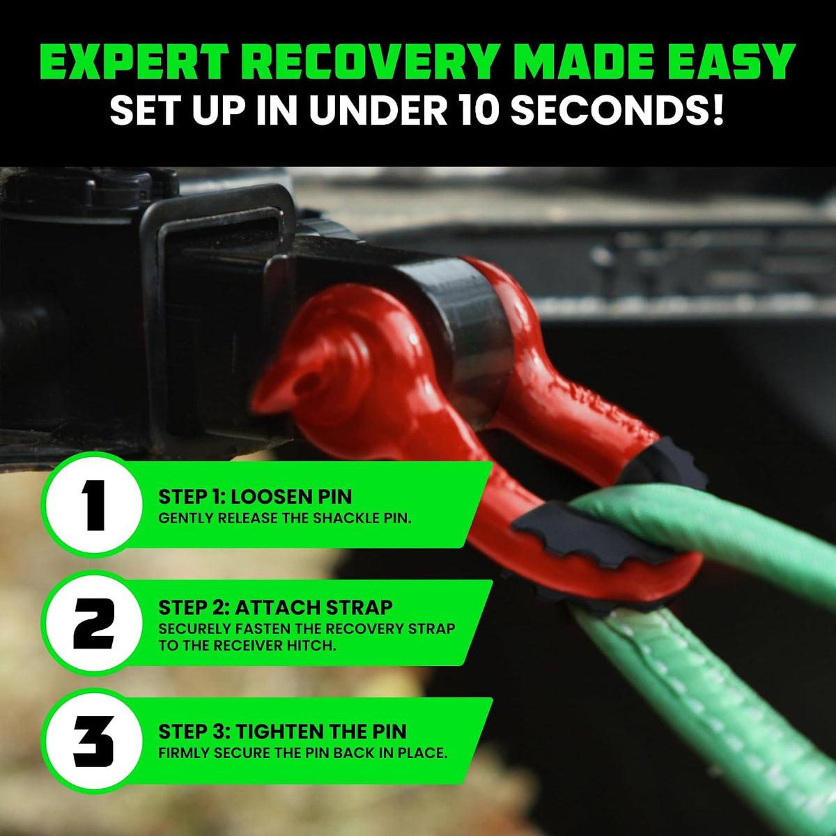 Shackle Hitch Receiver - Fits 2in Receivers for Vehicle Recovery
