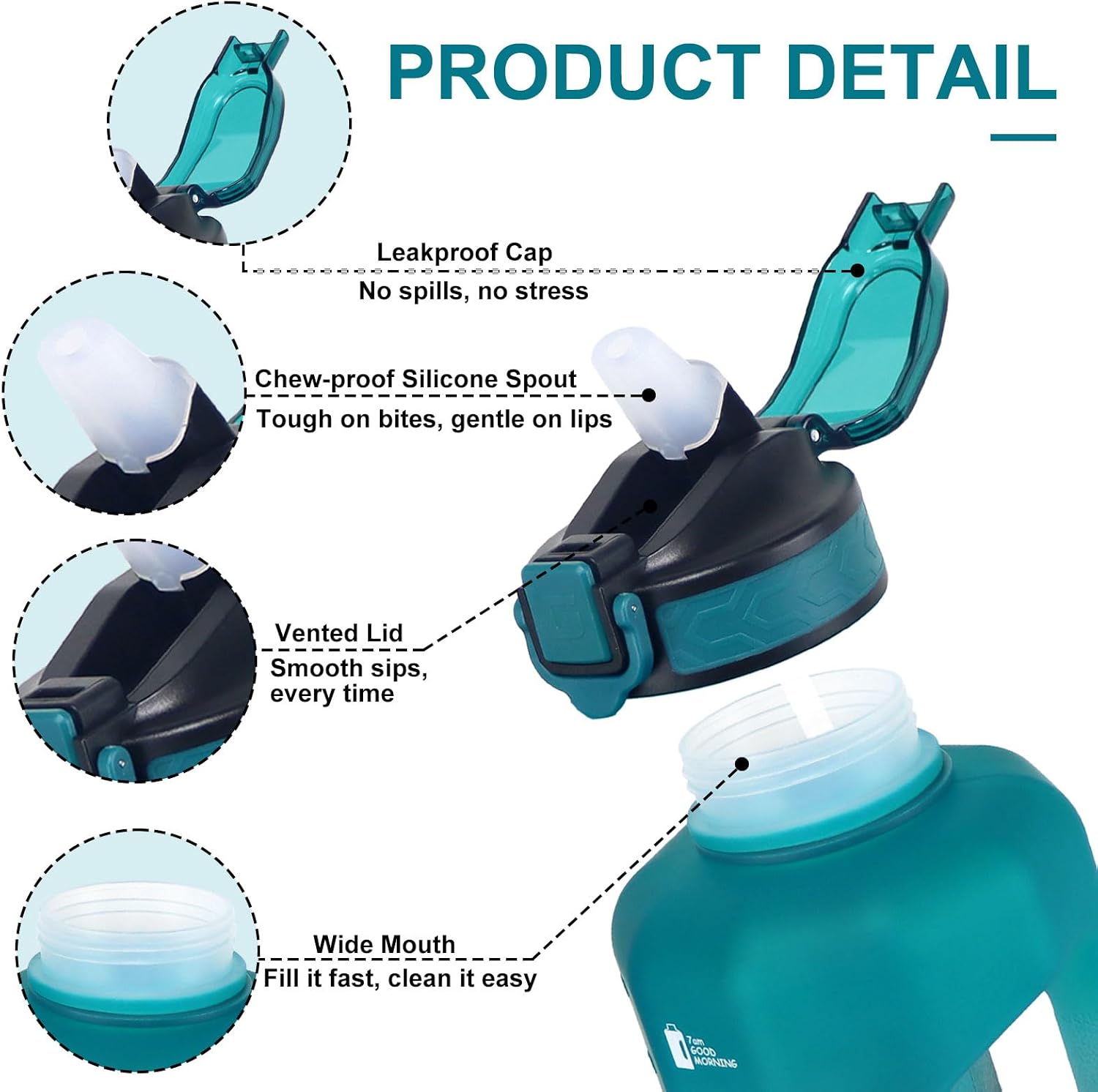 2.2L Big Water Bottle with Straw 74oz Motivational Jug (Green/Black) | Bpa Free, Leak-proof, Time Marker Tracks Daily