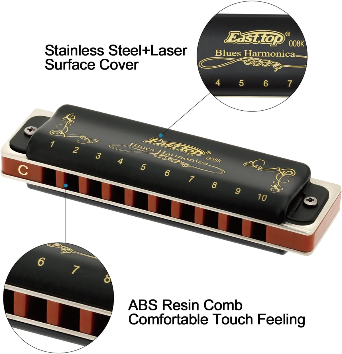 Harmonica Key of C 10 Holes 20 Tones 008K Mouth Organ with Black Cover, Top Grade Harmonica for Adults, Professionals
