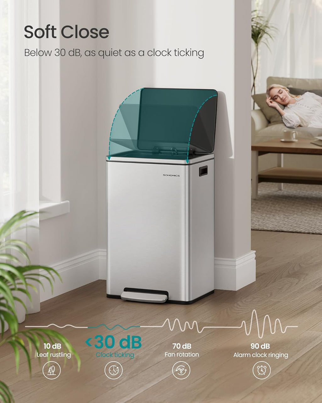 Trash Can, 13-Gallon Gabbage Can, with 15 Trash Bags, Stainless Steel, with Soft-Close Lid, Removable Inner Bucket
