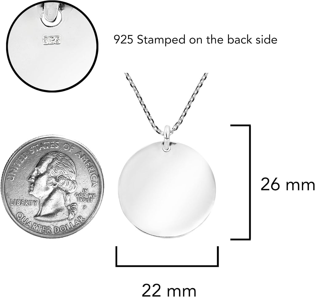 22mm .925 Sterling Silver Round Engravable Necklace | Customizable Silver Necklace for Women and Men | Sterling