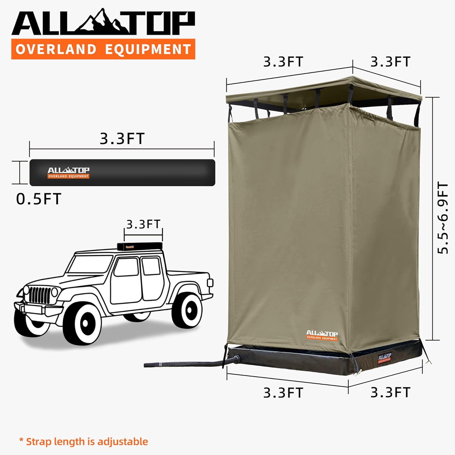 Awning Shower Room w/Foldable Floor Mat, 3.3ft x 3.3ft, Privacy Shelter Restroom w/Roof, LED Light, Drain Pipe