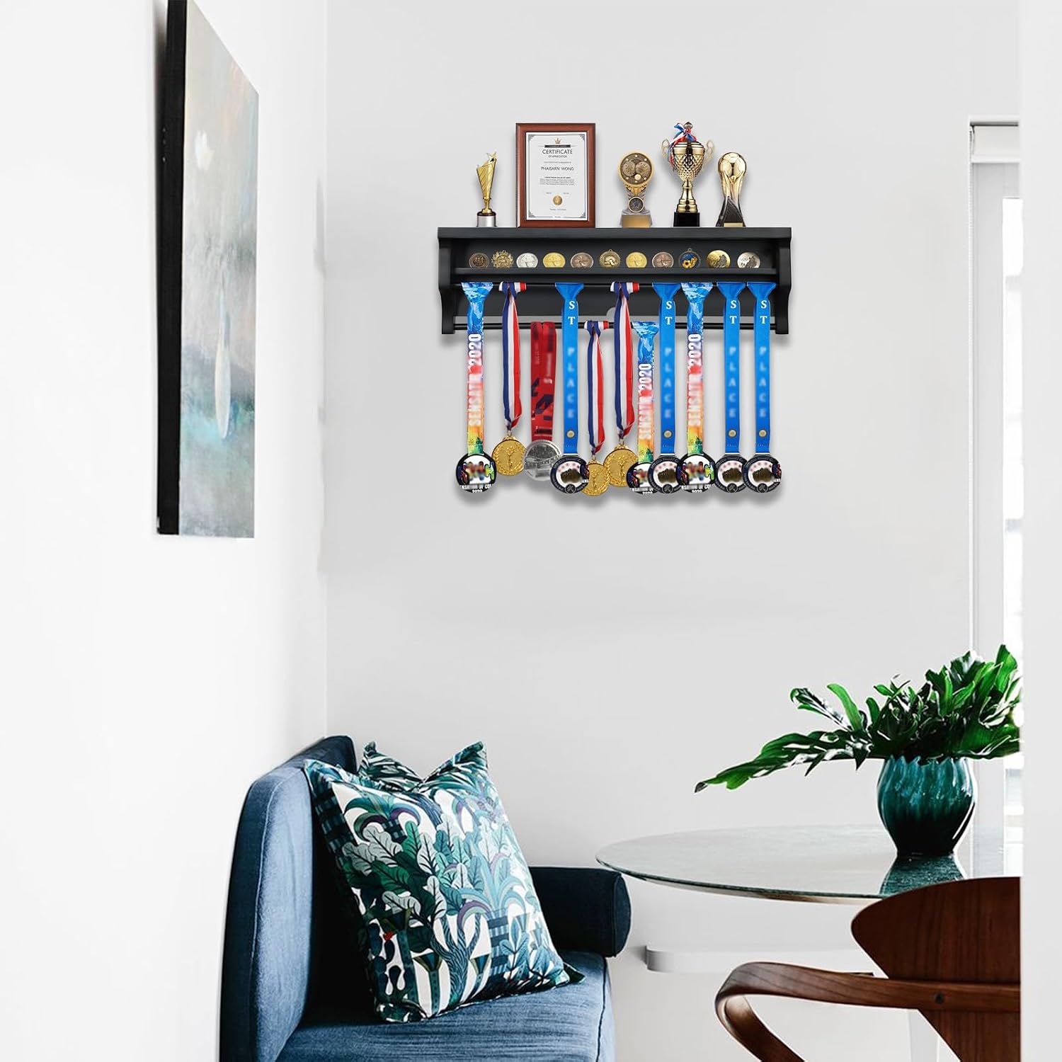 Medal Hanger Display Shelf Medal Rack Display Holder Black | Solid Wood，Wall Mount, Runners, Marathon, Race Winner