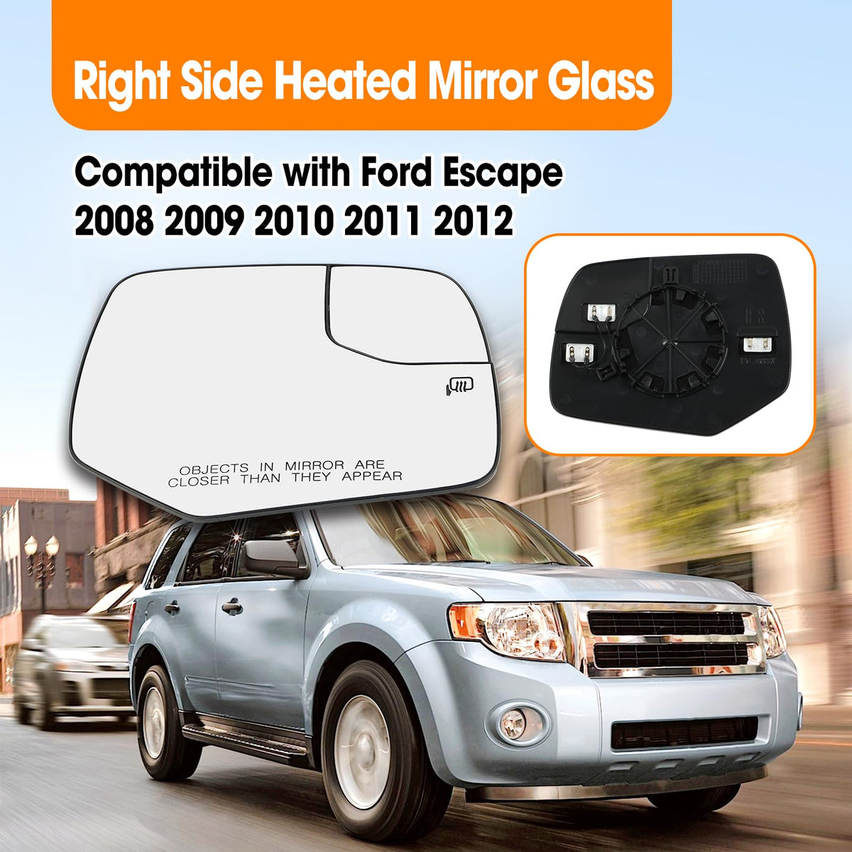 Passenger Side Heated Mirror Glass Compatible with Ford Escape 2008-2012