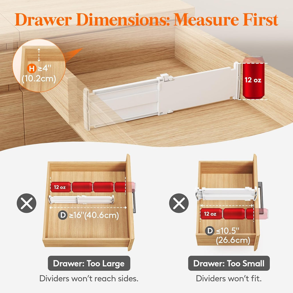 9 Pack Drawer Dividers for Clothes, 4" High 10.5"-16.5" Expandable Dresser Drawer Organizers, Adjustable White