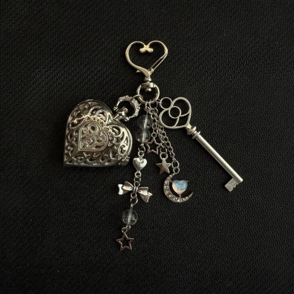 Y2k Pocket Watch Keychain Aesthetic Heart Locket Bag Charms | Moon Star Bow Bag Purse Charms for Handbags Accesories