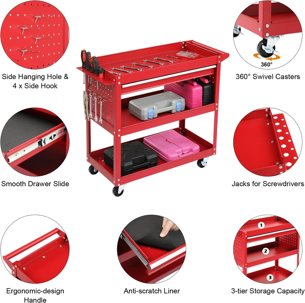 3 Tier Steel Utility Tool Cart with Drawer & Pegboard, Red | 330 lbs Capacity Rolling Service Cart with Lockable