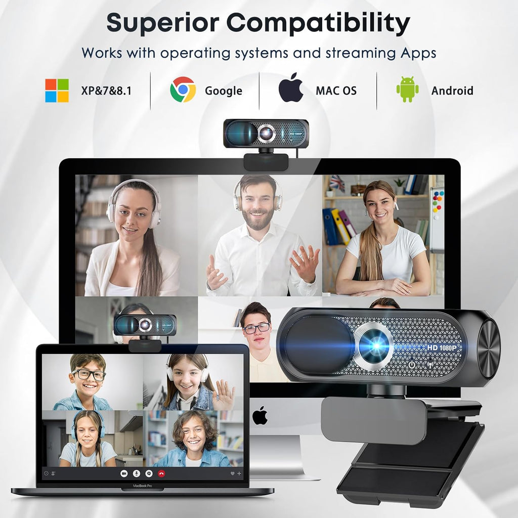 1080P HD Webcam with Microphone, Noise Cancellation, Privacy Cover, Wide-Angle Lens, Auto Light Correction, Plug &
