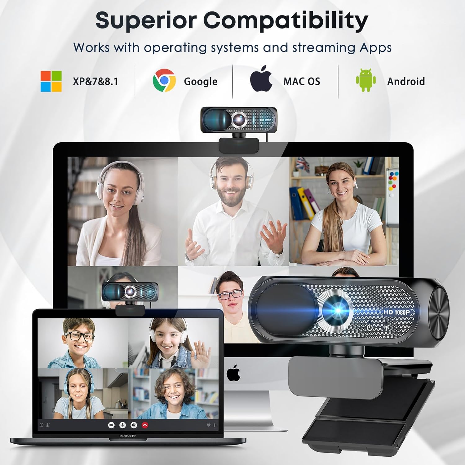 1080P HD Webcam with Microphone, Noise Cancellation, Privacy Cover, Wide-Angle Lens, Auto Light Correction, Plug &