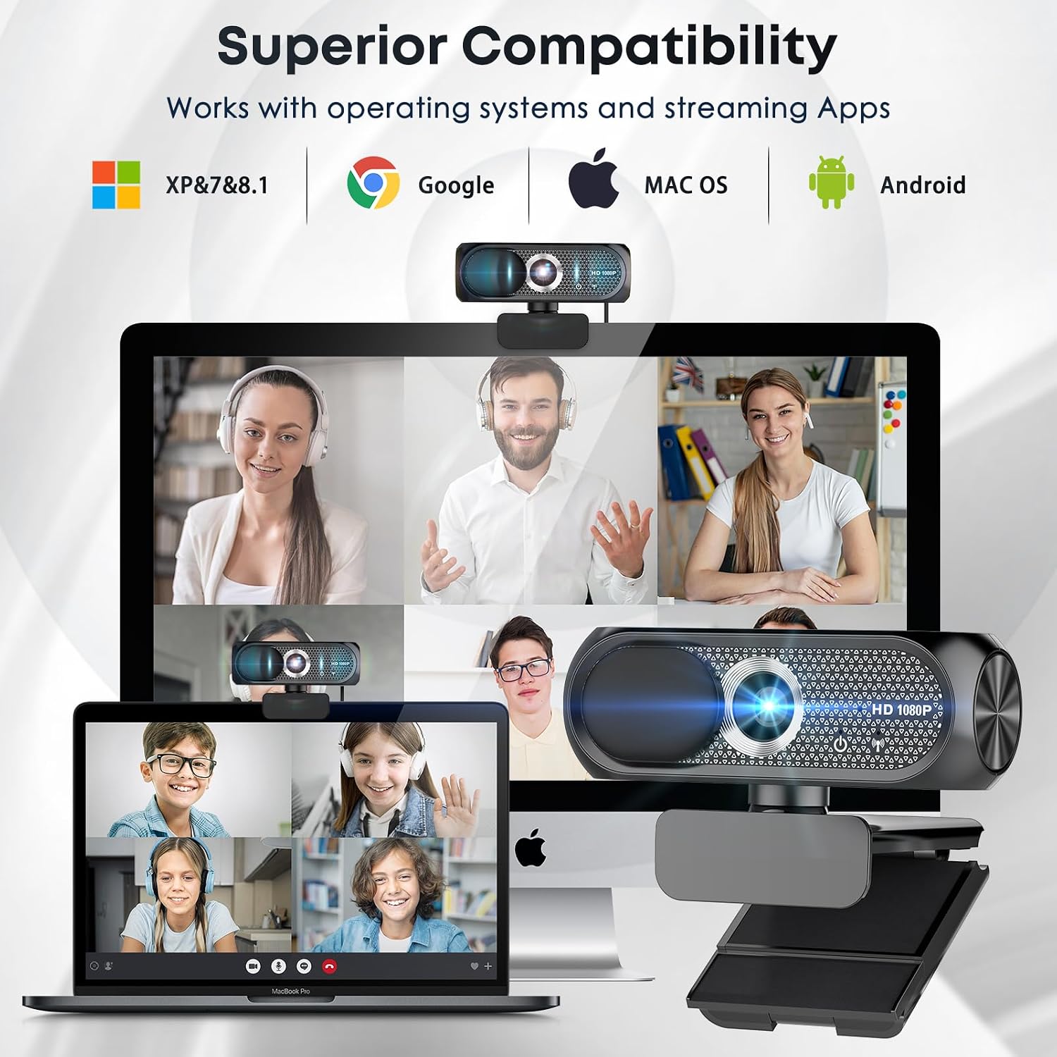 1080P HD Webcam with Microphone, Privacy Cover, Wide-Angle Lens, Plug & Play USB Webcam for Laptop, Desktop, PC, Mac
