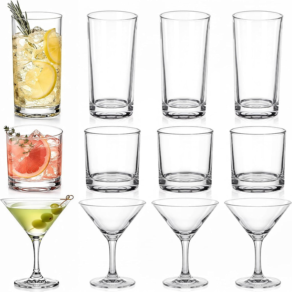 12 Set Mixed Cocktail Glasses, Rock & Martini & Highball Glasses