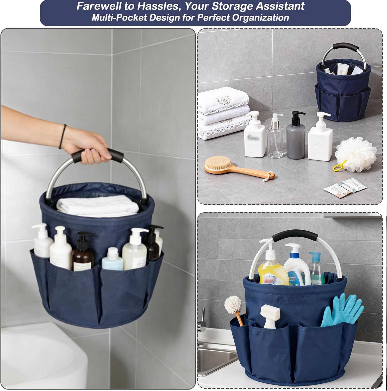 17L Foldable Cleaning Caddy with Handle, Cleaning Supplies Organizer Storage Basket with 6 Side Pockets, Portable