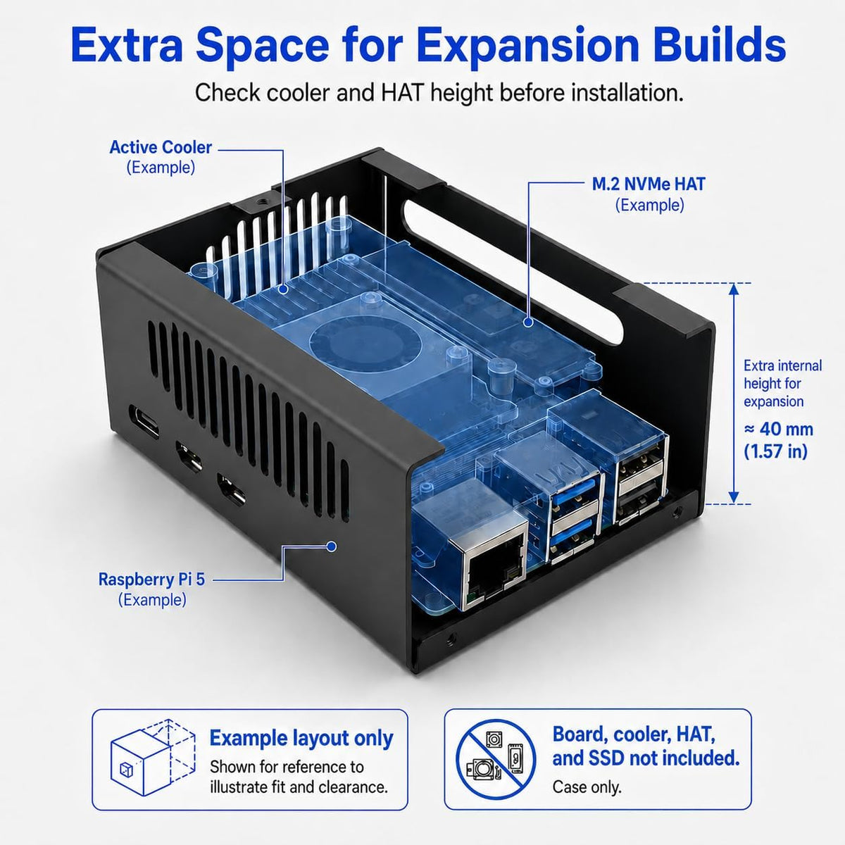 iUniker Metal Case Compatible with Raspberry Pi 5, Aluminum Pi 5 Case with Space for Active Cooler, M.2 NVMe HAT & POE HAT, GPIO Side Access, Vented Enclosure (Only Include Case)