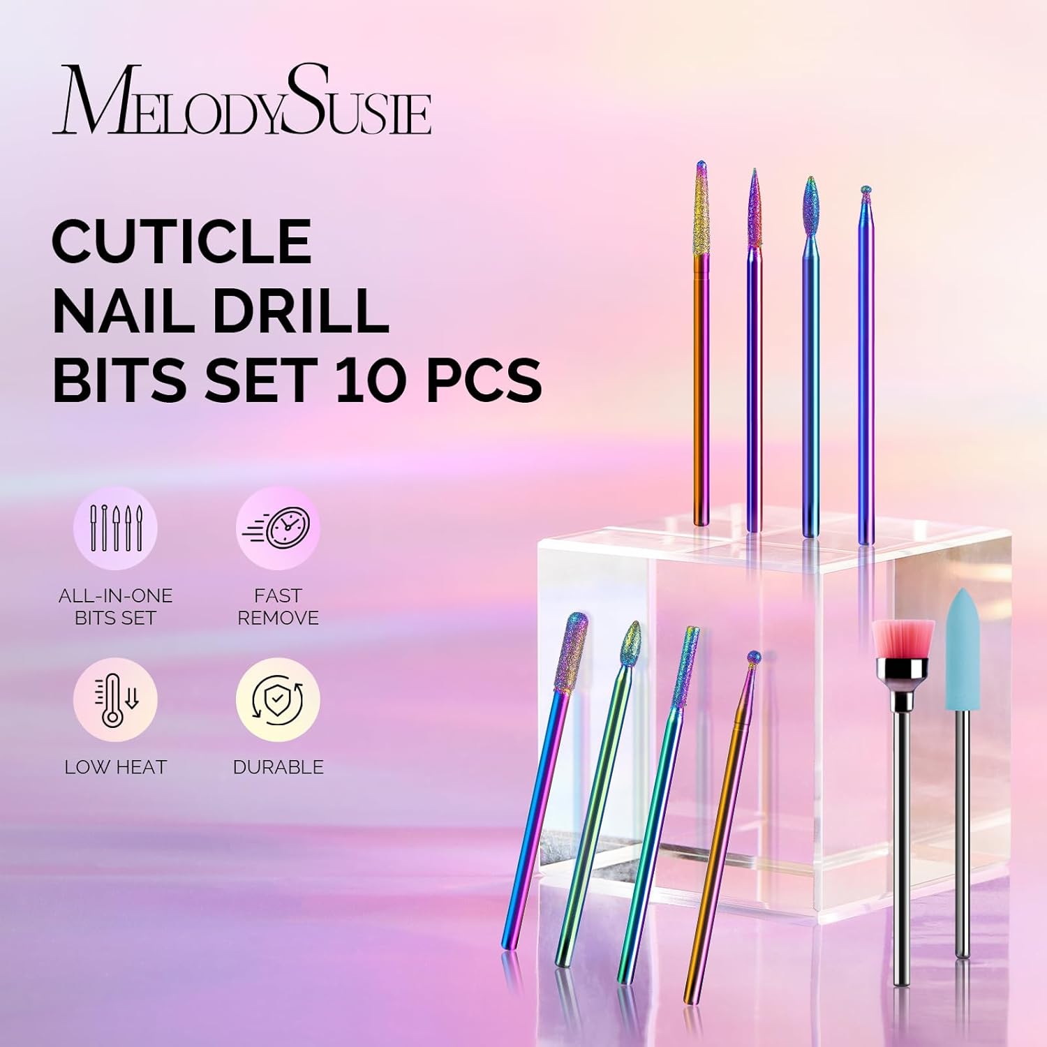 10pcs Nail Drill Bits Diamond Cuticle Set Rainbow | 3/32''for Nail Drill Efile,Two-Way Rotation,Acrylic Nails Poly