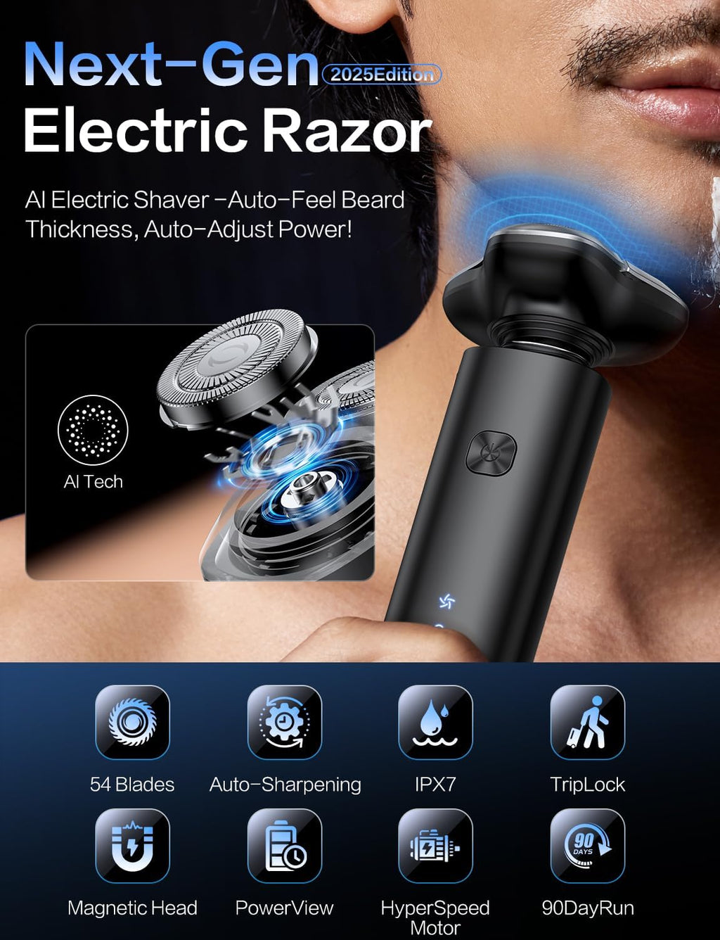 Electric Razor for Men, 4D Floating Rotary Razor, Wet & Dry Waterproof IPX7, USB-C Fast Charging, LED Display