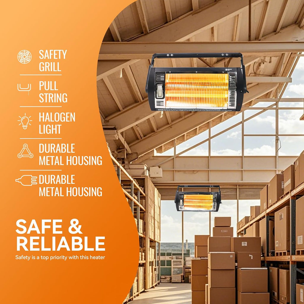 Electric Garage Heater 120V, 1500W Radiant Space Heater, 2-Pack | Ceiling Mount Space Heater with 90° Adjustable