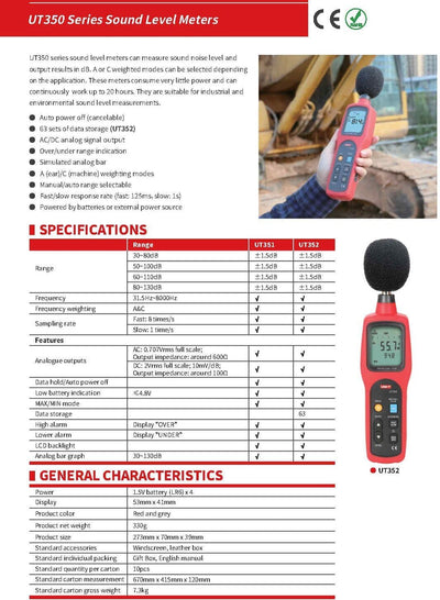 UNI-T Uni-trend UT352 LCD Sound Level Meter Noise Tester 30-130dB Frequency 31.5-8000Hz A&C Frequency Weighting MAX/MIN/Data Logging