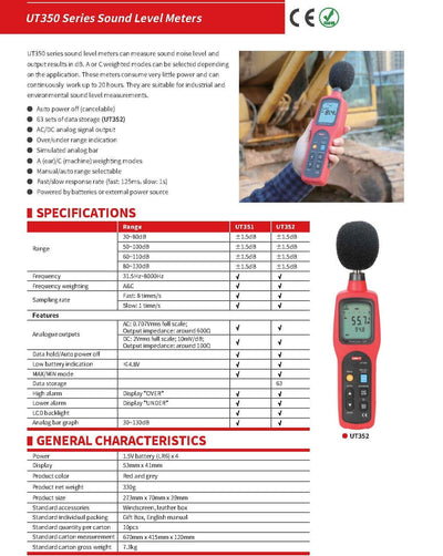 UNI-T UT352 LCD Sound Level Meter Noise Tester 30-130dB Frequency 31.5-8000Hz A&C Frequency Weighting MAX/MIN/Data Logging