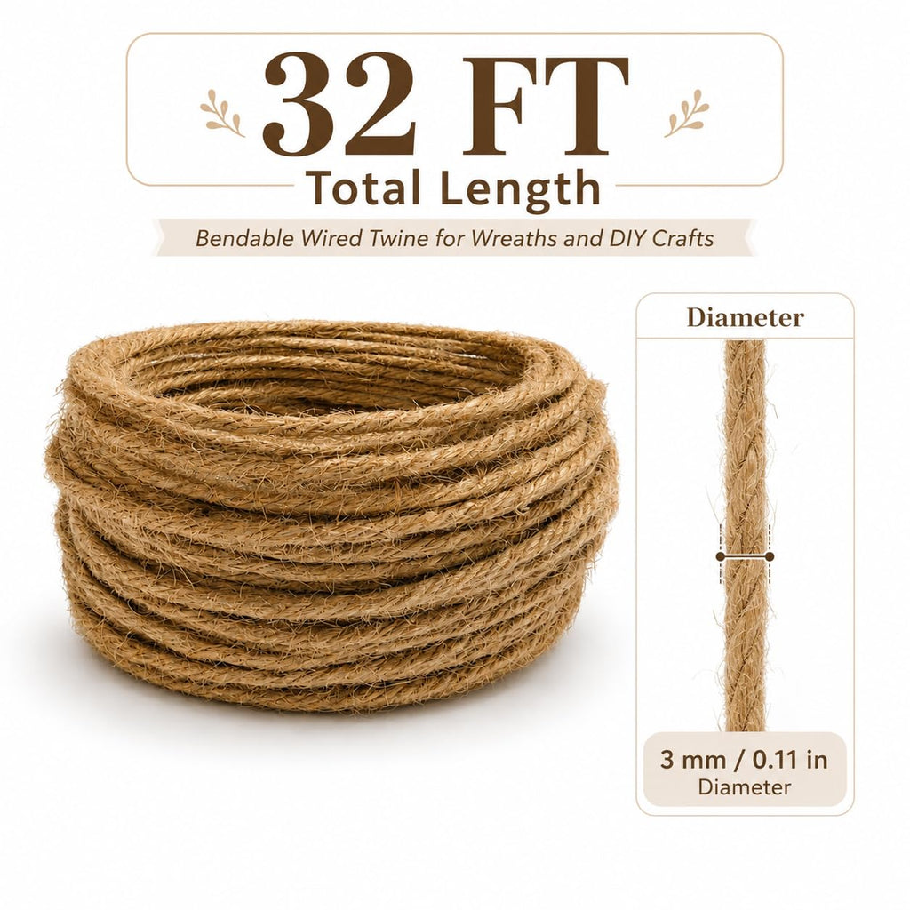 32 Ft Wired Jute Twine, Bendable Wired Twine forWreaths and DIY