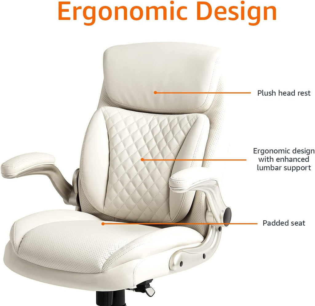 Ergonomic Executive Office Desk Chair with Lumbar Support, Flip-up Armrests, Adjustable Height, Cream Leather