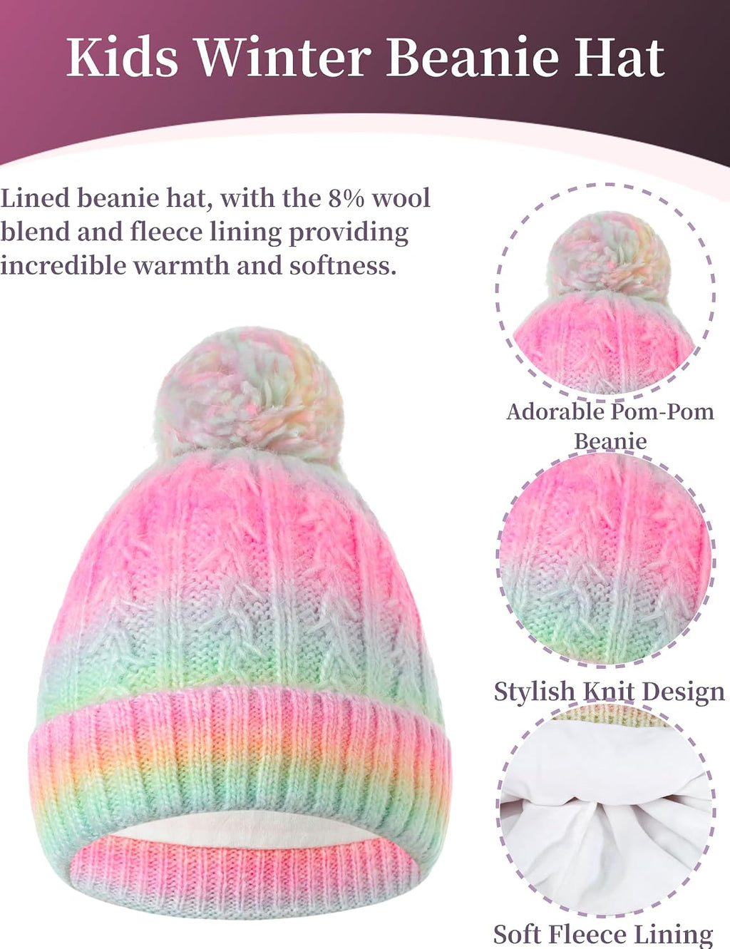 Kids Winter Hat Gloves Scarf Set, Gift for Girls Boys Toddler w/Fleece Lined Pom Beanie Ski Cap Warm Scarf Mittens