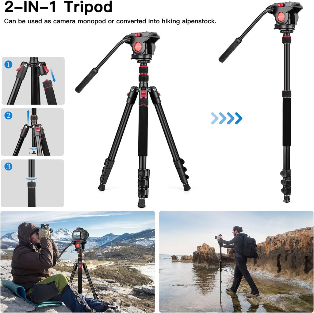 Video Tripod, 72" Heavy Duty Fluid Head Camera Tripod with Carry Bag | Professional Aluminum Camera Tripod Stand