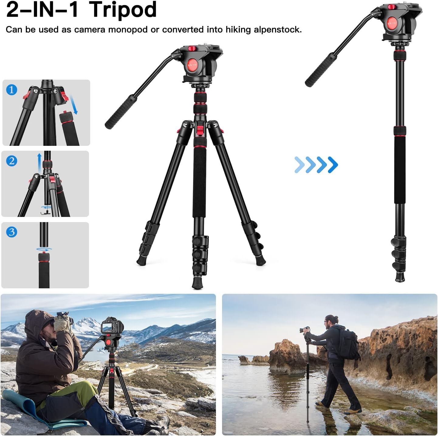 Video Tripod, 72" Heavy Duty Fluid Head Camera Tripod with Carry Bag | Professional Aluminum Camera Tripod Stand