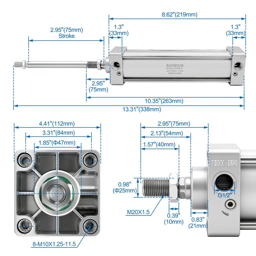 BAOMAIN Pneumatic Air Cylinder 4" Bore 3" Stroke SC100x75