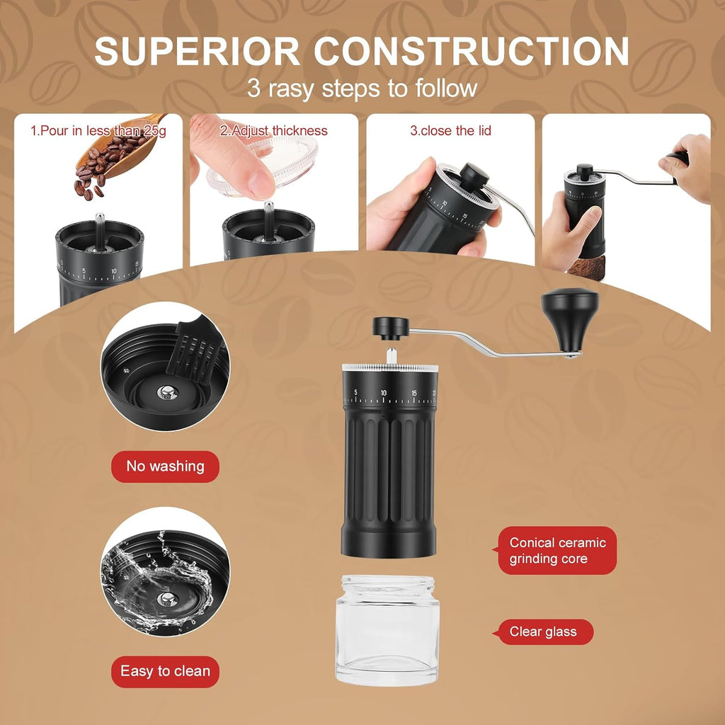 Manual Coffee Grinder with Conical Burr, 40 Adjustable Settings, 30g Capacity, Portable for Espresso, French Press