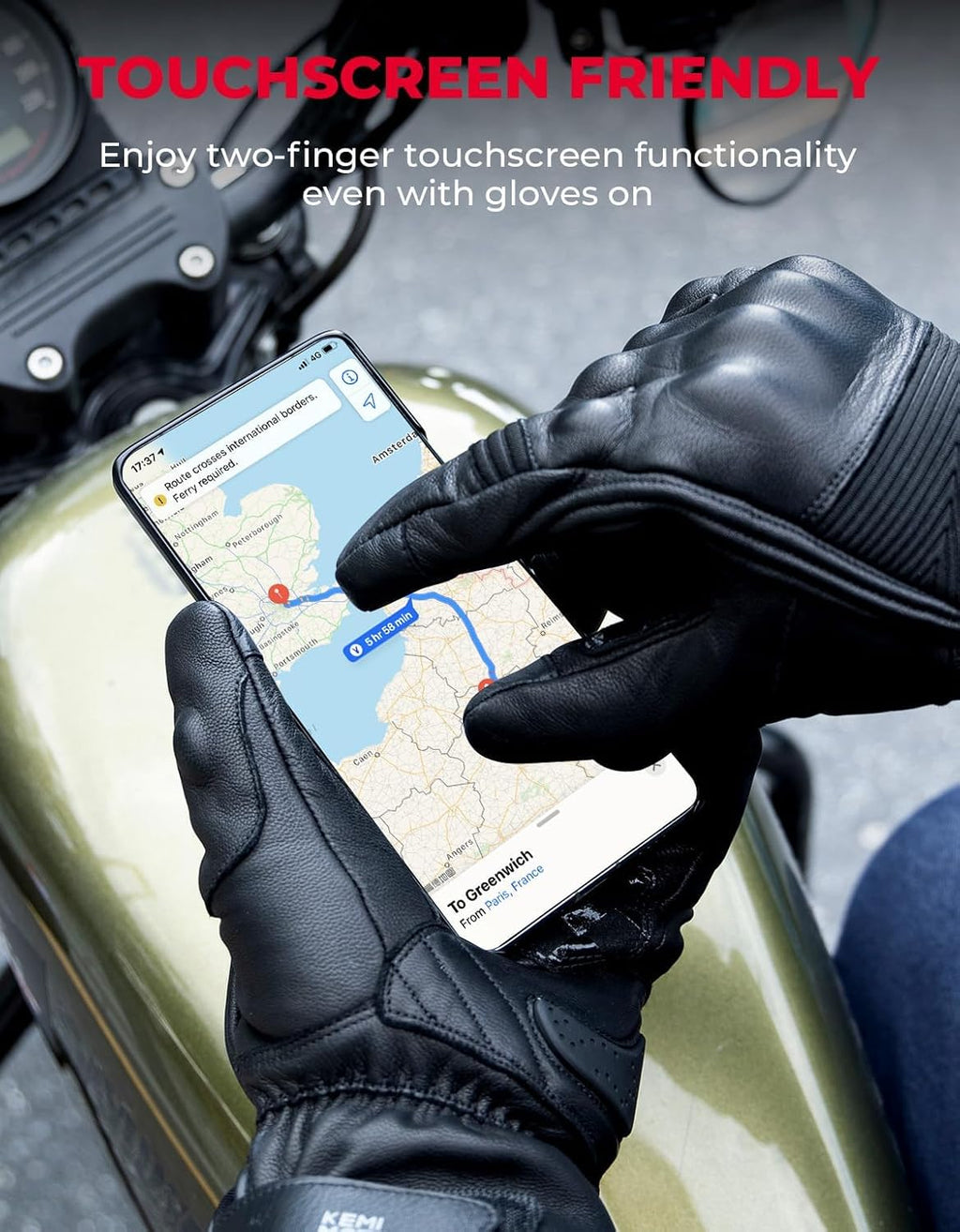 Winter Leather Motorcycle Gloves for Men, Gauntlet Warm Gloves with Knuckle Protection Touchscreen for Motorcycle Riding