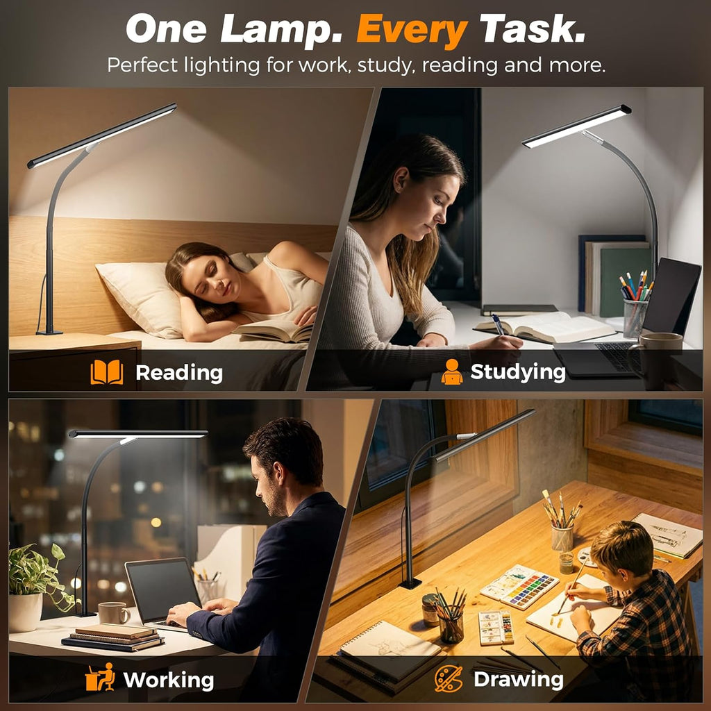 LED Desk Lamp with Clamp, 17" Stepless Dimming Light, Black | 2700K-6500K, 100 LEDs, 360° Gooseneck, Fits Up to 30"