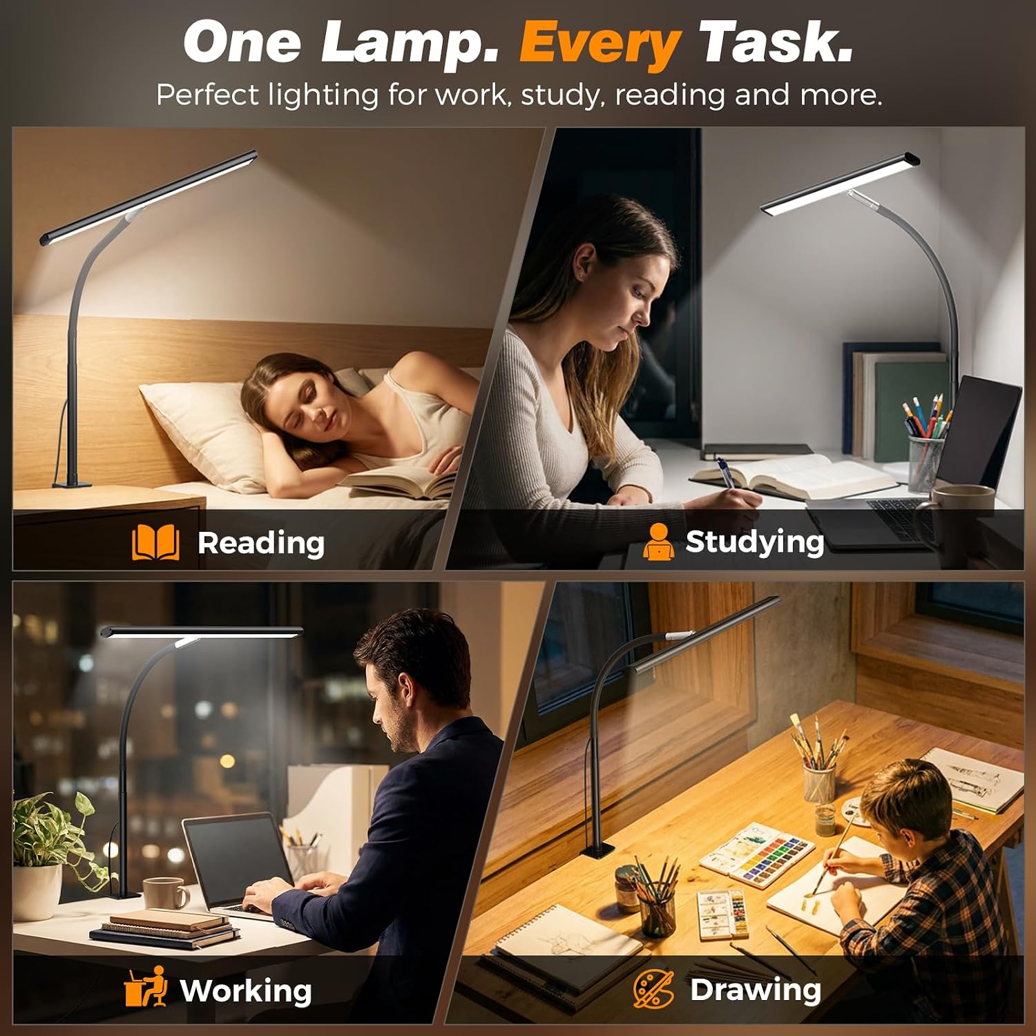 LED Desk Lamp with Clamp, 17" Stepless Dimming Light, Black | 2700K-6500K, 100 LEDs, 360° Gooseneck, Fits Up to 30"